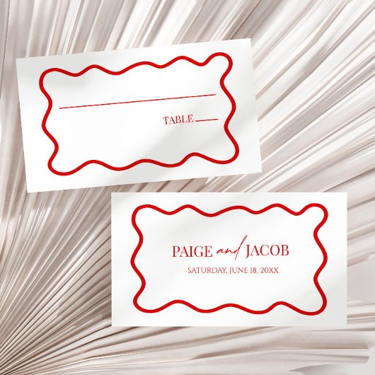 Red White Elegant Wavy Border Wedding プレイスカード