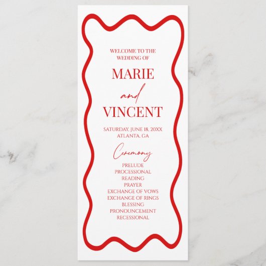 Red White Elegant Wavy Border Wedding プログラム (正面)
