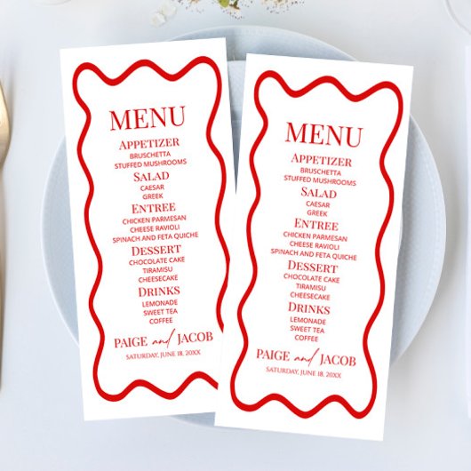 Red White Elegant Wavy Border Wedding Food メニュー