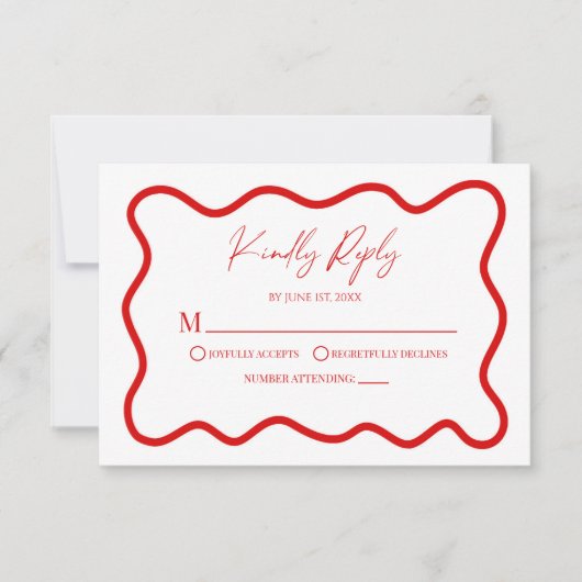 Red White Elegant Wavy Border Wedding RSVP Card (正面)