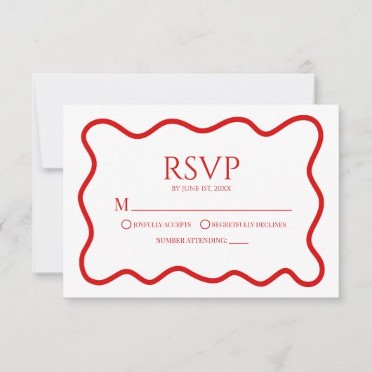 Red White Elegant Wavy Border Wedding RSVP Card (正面)