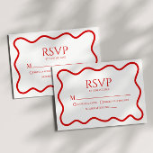Red White Elegant Wavy Border Wedding RSVP Card