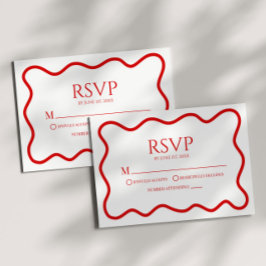 Red White Elegant Wavy Border Wedding RSVP Card