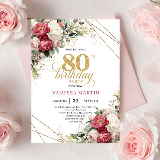 Red white floral gold accent card 80th birthday  招待状