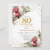 Red white floral gold accent card 80th birthday  招待状 (正面)