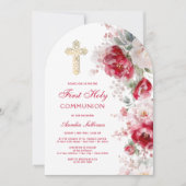 Red White Flowers Arch First Communion 招待状 (正面)