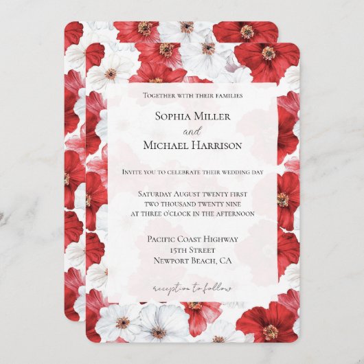 Red White Flowers Floral Wedding 招待状 (正面/裏面)