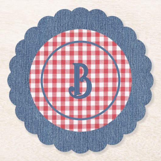 Red & White Gingham, Blue Denim Print, Initial (6) ペーパーコースター (正面)