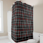 Red White Graphical Lines Black Plaid Design シャワーカーテン