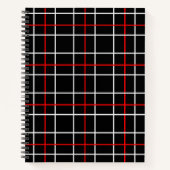 Red White Graphical Lines Black Plaid Design ノートブック (正面)