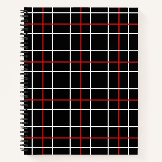 Red White Graphical Lines Black Plaid Design ノートブック (正面)