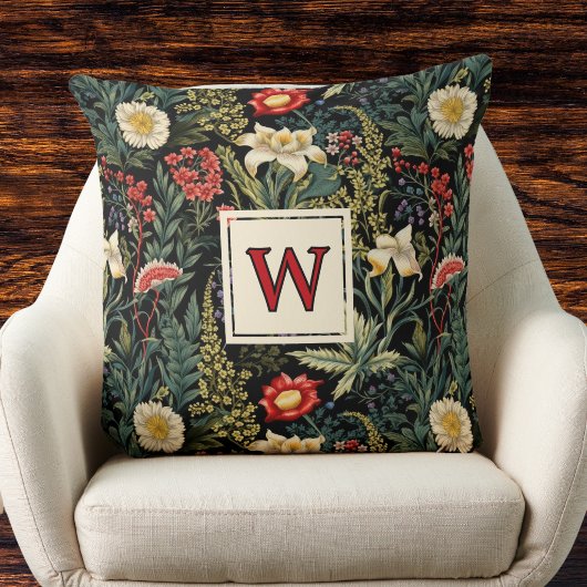 Red White Green Lilies Dahlias Floral Monogram クッション