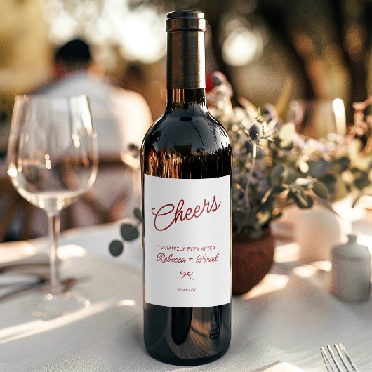 Red & White Hand Drawn Bow Sketch Wedding ワインラベル