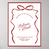 Red & White Hand Drawn Bow Wedding Welcome Sign ポスター (正面)