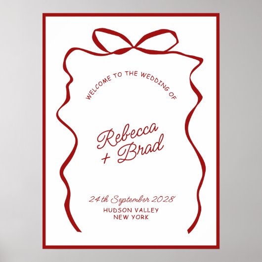 Red & White Hand Drawn Bow Wedding Welcome Sign ポスター (正面)