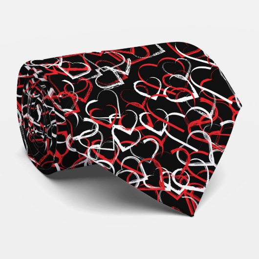 Red white heart pattern on black background ネクタイ (ロール)