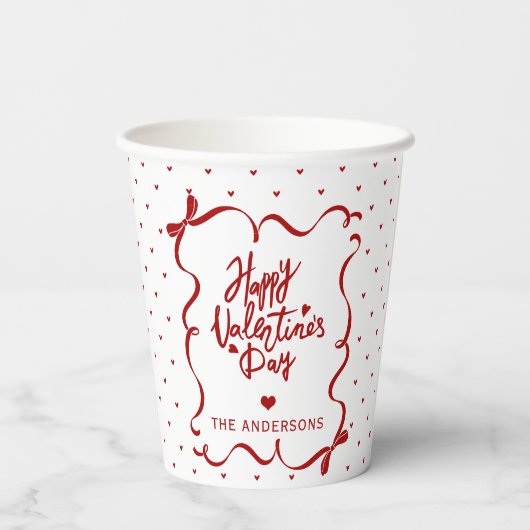 Red White Hearts Hand Drawn Bow Valentine's Day 紙コップ (裏面)