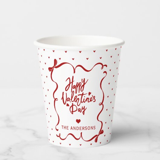 Red White Hearts Hand Drawn Bow Valentine's Day 紙コップ (正面)