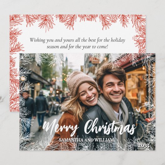 Red White Modern Elegant Family Photo Christmas シーズンカード (正面/裏面)