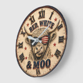 Red, White & Moo Patriotic Highland Cow Americana ラージ壁時計 (傾斜)