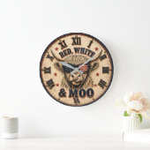 Red, White & Moo Patriotic Highland Cow Americana ラージ壁時計 (ホーム)