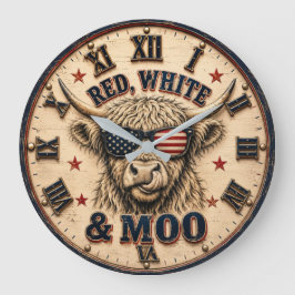 Red, White & Moo Patriotic Highland Cow Americana ラージ壁時計