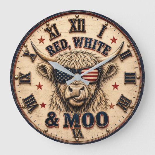 Red, White & Moo Patriotic Highland Cow Americana ラージ壁時計 (正面)