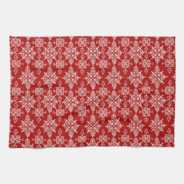 Red White Ornamental Snowflake Pattern キッチンタオル