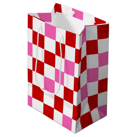 Red White Pink Checkered Pattern Design  ミディアムペーパーバッグ (正面アングル)