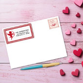 Red & White Plaid Gingham Valentine Cupid & Bow ラベル