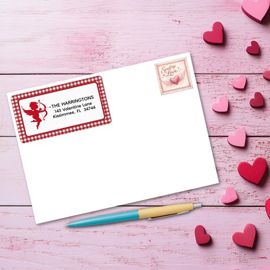 Red & White Plaid Gingham Valentine Cupid & Bow ラベル