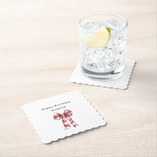 Red White Plaid Stripes Bow Birthday ペーパーコースター (インサイチュ)