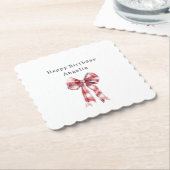 Red White Plaid Stripes Bow Birthday ペーパーコースター (アングル)