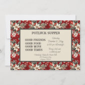 Red White Poinsettia Christmas POT LUCK Supper 招待状 (正面)