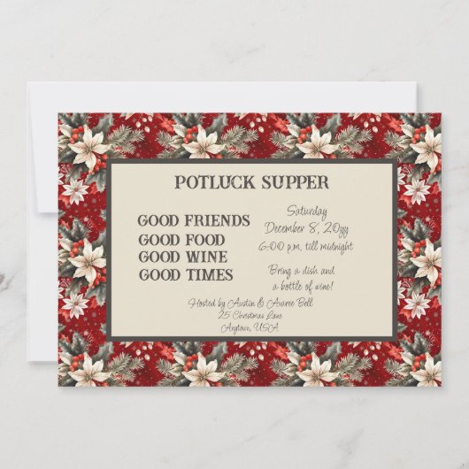 Red White Poinsettia Christmas POT LUCK Supper 招待状 (正面)