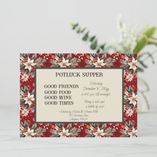 Red White Poinsettia Christmas POT LUCK Supper 招待状 (スタンド正面)