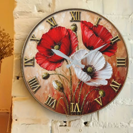 Red & White Poppy Elegant Botanical Floral Art ラージ壁時計