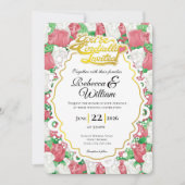 Red & White Rose Wedding Invite - Gold Lettering 1 招待状 (正面)