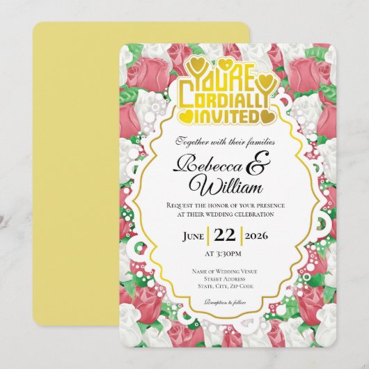 Red & White Rose Wedding Invite - Gold Lettering 3 招待状 (正面/裏面)