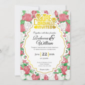 Red & White Rose Wedding Invite - Gold Lettering 4 招待状 (正面)