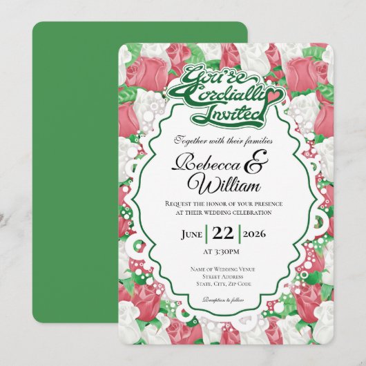 Red & White Rose Wedding Invite - Green Letters 1 招待状 (正面/裏面)
