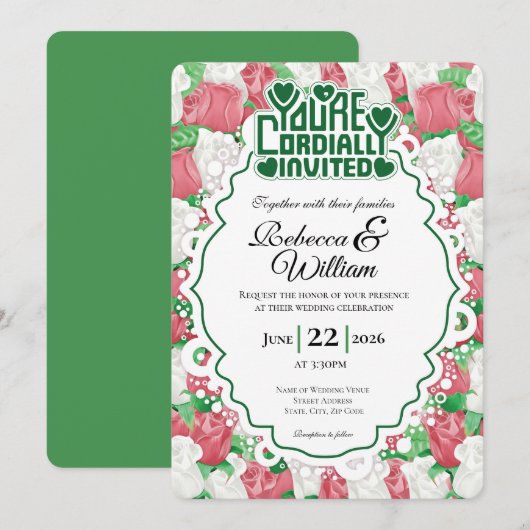 Red & White Rose Wedding Invite - Green Letters 3 招待状 (正面/裏面)