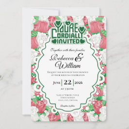 Red & White Rose Wedding Invite - Green Letters 3 招待状