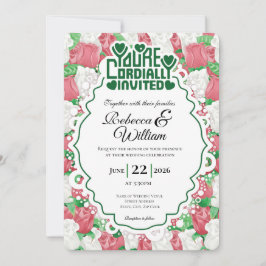 Red & White Rose Wedding Invite - Green Letters 4 招待状