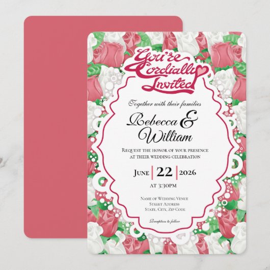 Red & White Rose Wedding Invite - Red Lettering 2 招待状 (正面/裏面)