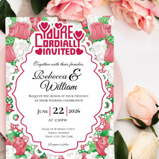 Red & White Rose Wedding Invite - Red Lettering 4 招待状