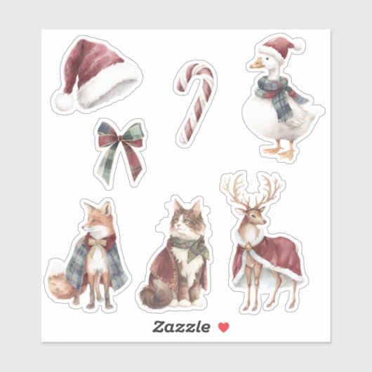 Red White Santa Hat Candy Cane Animals Christmas シール (シート)