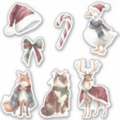 Red White Santa Hat Candy Cane Animals Christmas シール (正面)