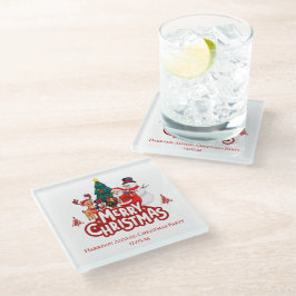 Red & White Simple Merry Christmas ガラスコースター