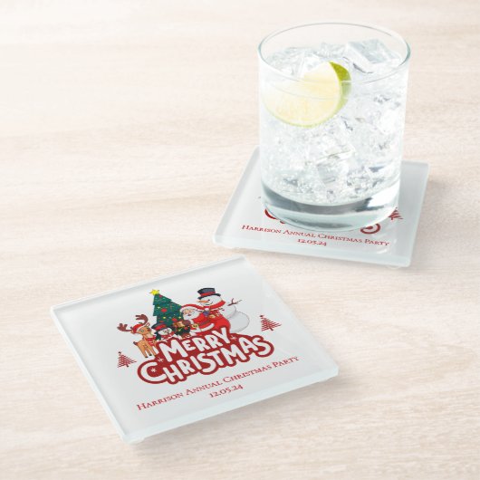 Red & White Simple Merry Christmas ガラスコースター (アングル)
